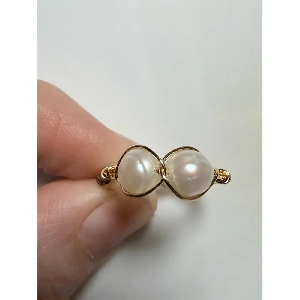 🧚🏻‍♀️ Handmade Freshwater Pearl Wire Wrapped Ring Size 6 Gold Tone